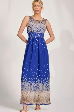 Jolie Moi Occasion Dresses|Floral Dresses-Feather Belted Maxi Dress, Blue Floral