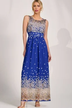 Jolie Moi Occasion Dresses|Floral Dresses-Feather Belted Maxi Dress, Blue Floral