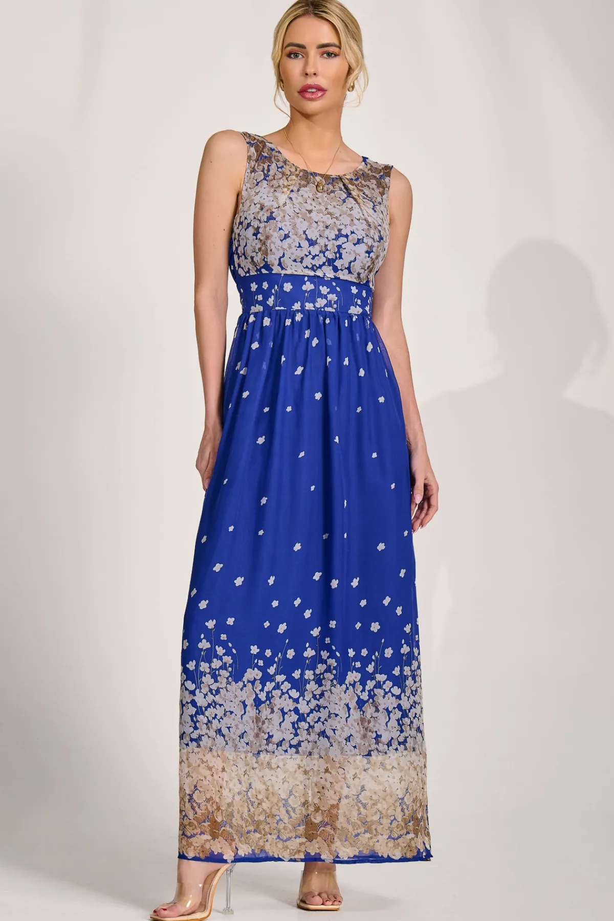 Jolie Moi Occasion Dresses|Floral Dresses-Feather Belted Maxi Dress, Blue Floral