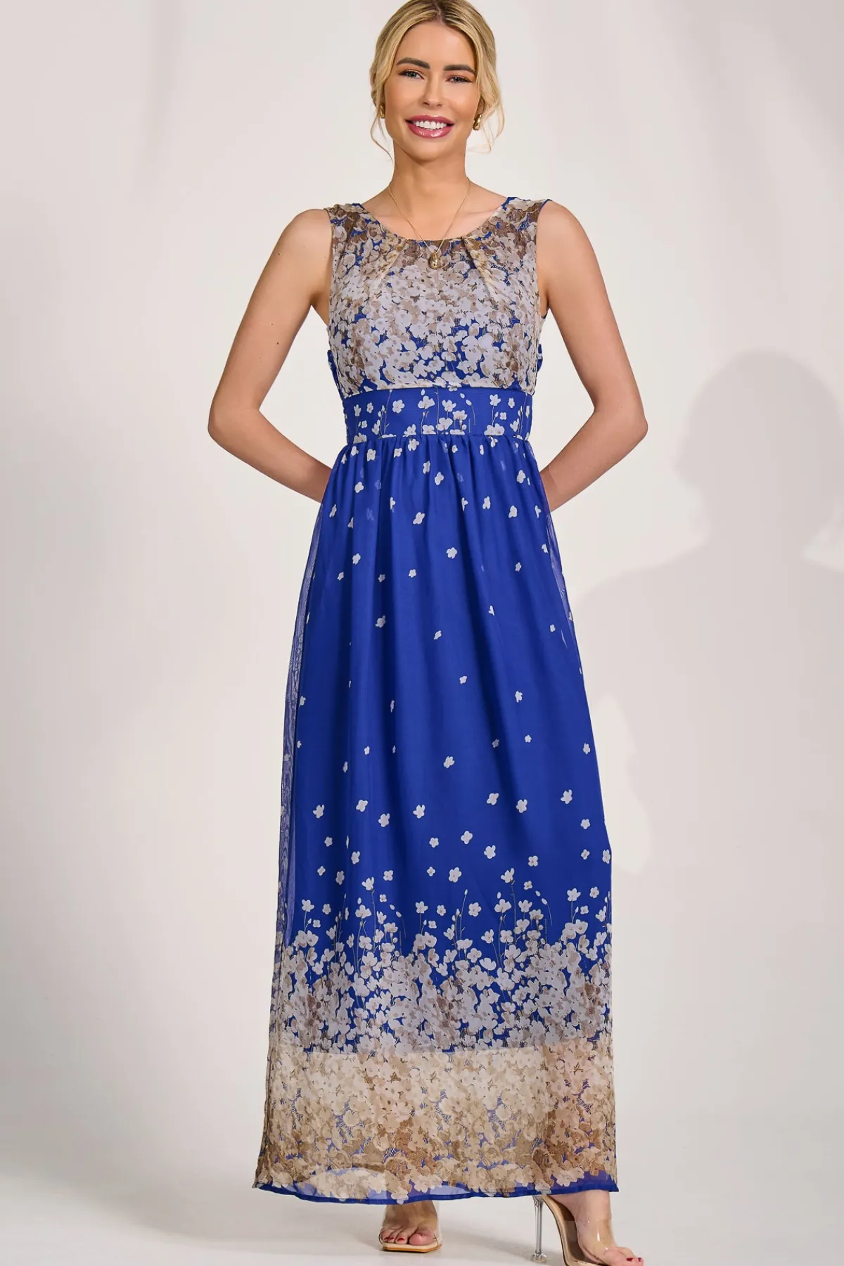 Jolie Moi Occasion Dresses|Floral Dresses-Feather Belted Maxi Dress, Blue Floral