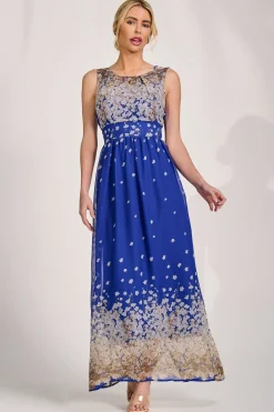 Jolie Moi Occasion Dresses|Floral Dresses-Feather Belted Maxi Dress, Blue Floral