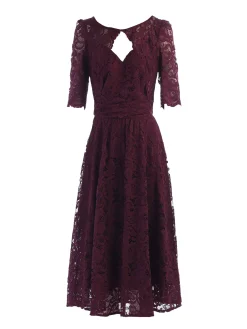 Jolie Moi Occasion Dresses|Midi Dresses-Fit And Flare Lace Midi Dress, Burgundy