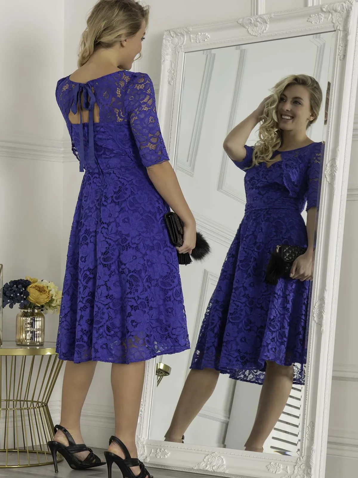 Jolie Moi Occasion Dresses|Midi Dresses-Fit And Flare Lace Midi Dress, Royal Blue