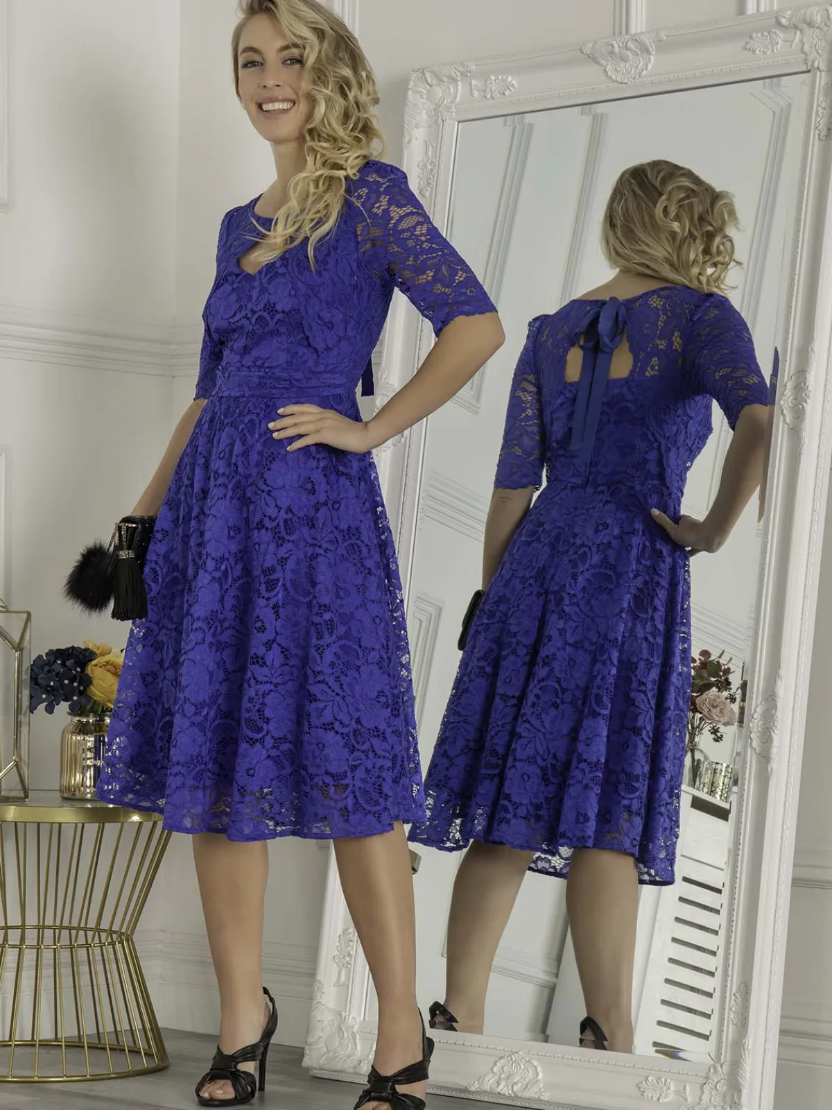 Jolie Moi Occasion Dresses|Midi Dresses-Fit And Flare Lace Midi Dress, Royal Blue
