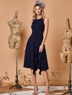 Jolie Moi Occasion Dresses|Party Dresses-Fit & Flare Ruffle Detail Midi Dress, Navy