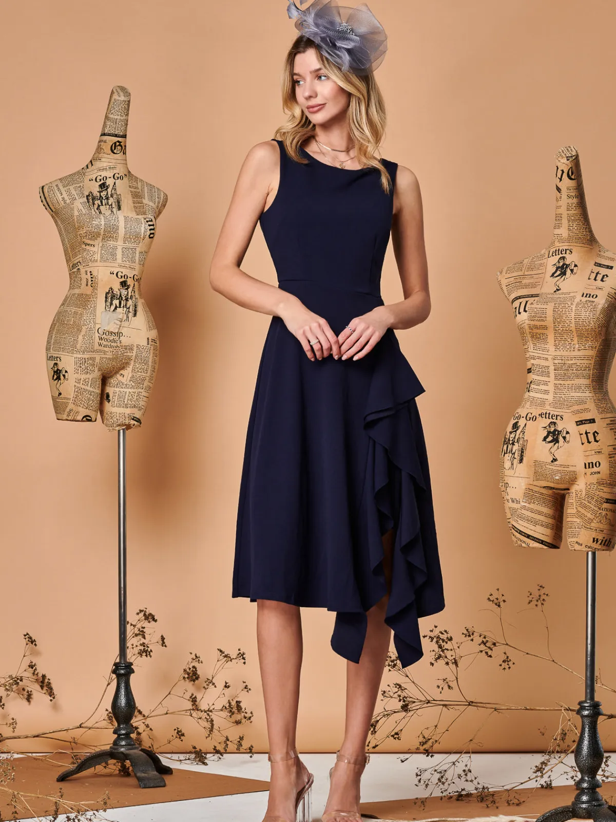 Jolie Moi Occasion Dresses|Party Dresses-Fit & Flare Ruffle Detail Midi Dress, Navy
