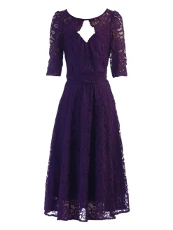 Jolie Moi Occasion Dresses|Mother Of The Bride-Fit & Flare Sleeved Lace Midi Dress, Dark Purple