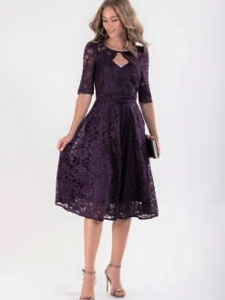 Jolie Moi Occasion Dresses|Mother Of The Bride-Fit & Flare Sleeved Lace Midi Dress, Dark Purple