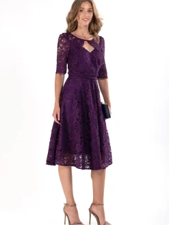 Jolie Moi Occasion Dresses|Mother Of The Bride-Fit & Flare Sleeved Lace Midi Dress, Dark Purple