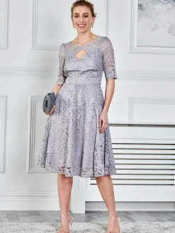Jolie Moi Occasion Dresses|Midi Dresses-Fit & Flare Sleeved Lace Midi Dress, Silver Grey