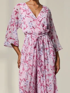 Jolie Moi Printed Dresses-Flared Printed Chiffon Jumpsuit, Pink Floral