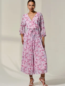 Jolie Moi Printed Dresses-Flared Printed Chiffon Jumpsuit, Pink Floral