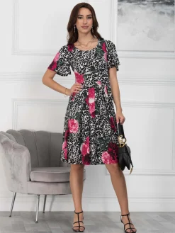 Jolie Moi Jersey Dresses|Weekend Casuals-Flare Sleeve Jersey Dress, Pink Animal