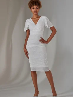 Jolie Moi Occasion Dresses|Party Dresses-Flare Sleeve Ruched Sequin Dress, White