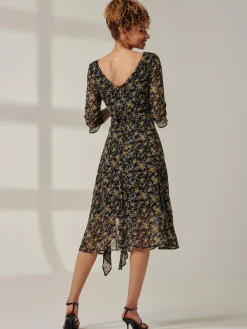 Jolie Moi Occasion Dresses|Midi Dresses-Floral Chiffon Frill Hem Midi dress, Black Multi