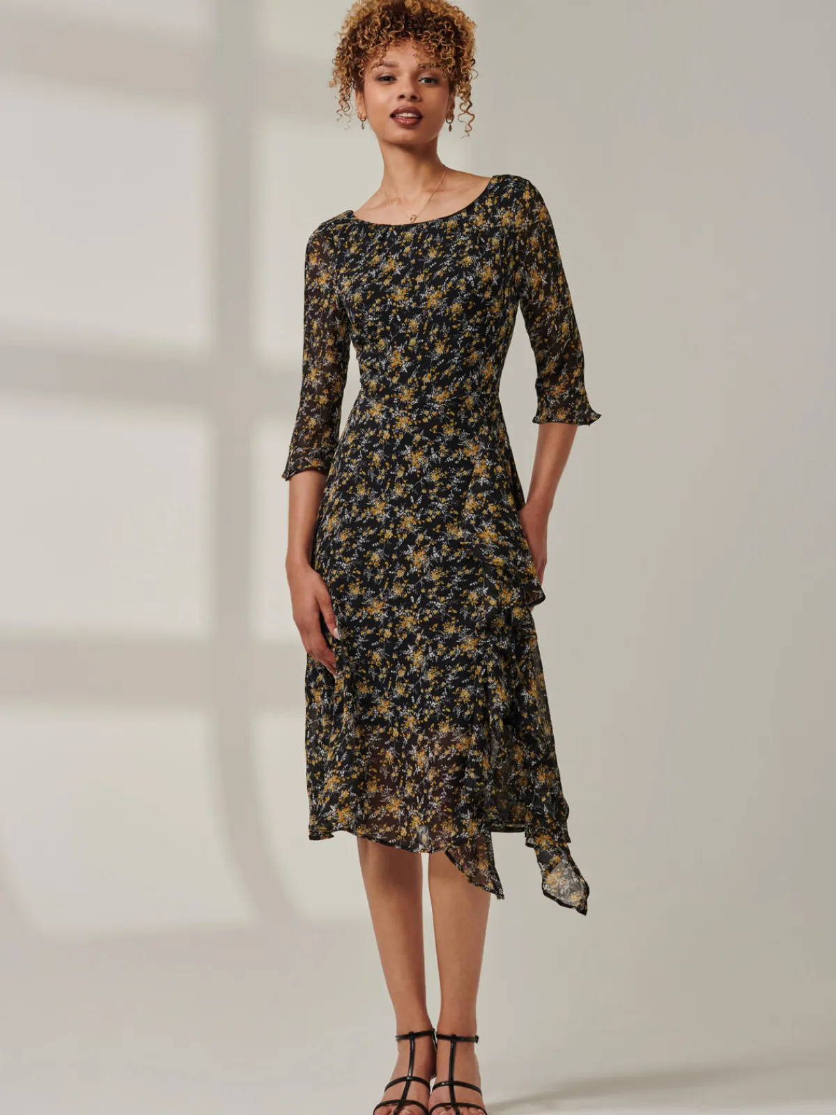 Jolie Moi Occasion Dresses|Midi Dresses-Floral Chiffon Frill Hem Midi dress, Black Multi