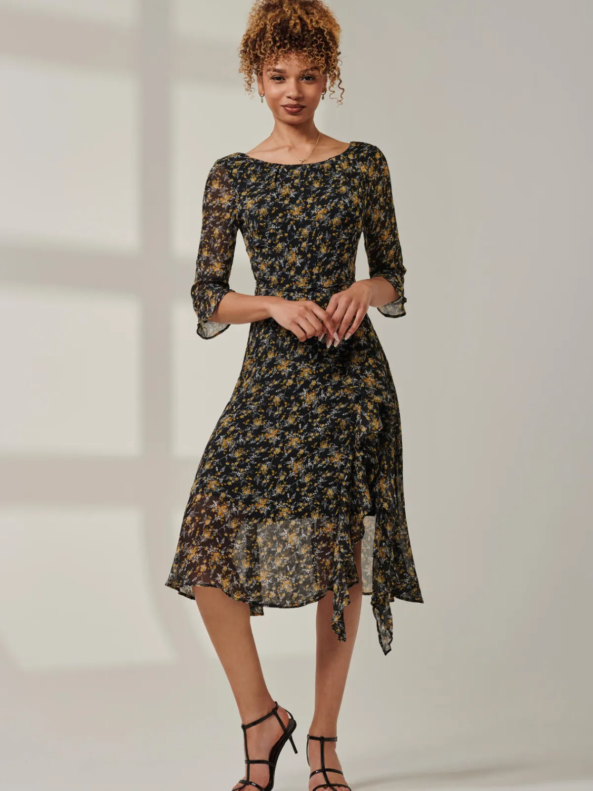 Jolie Moi Occasion Dresses|Midi Dresses-Floral Chiffon Frill Hem Midi dress, Black Multi