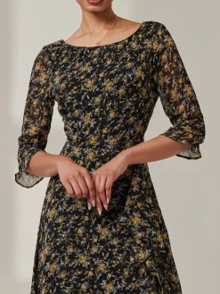Jolie Moi Occasion Dresses|Midi Dresses-Floral Chiffon Frill Hem Midi dress, Black Multi