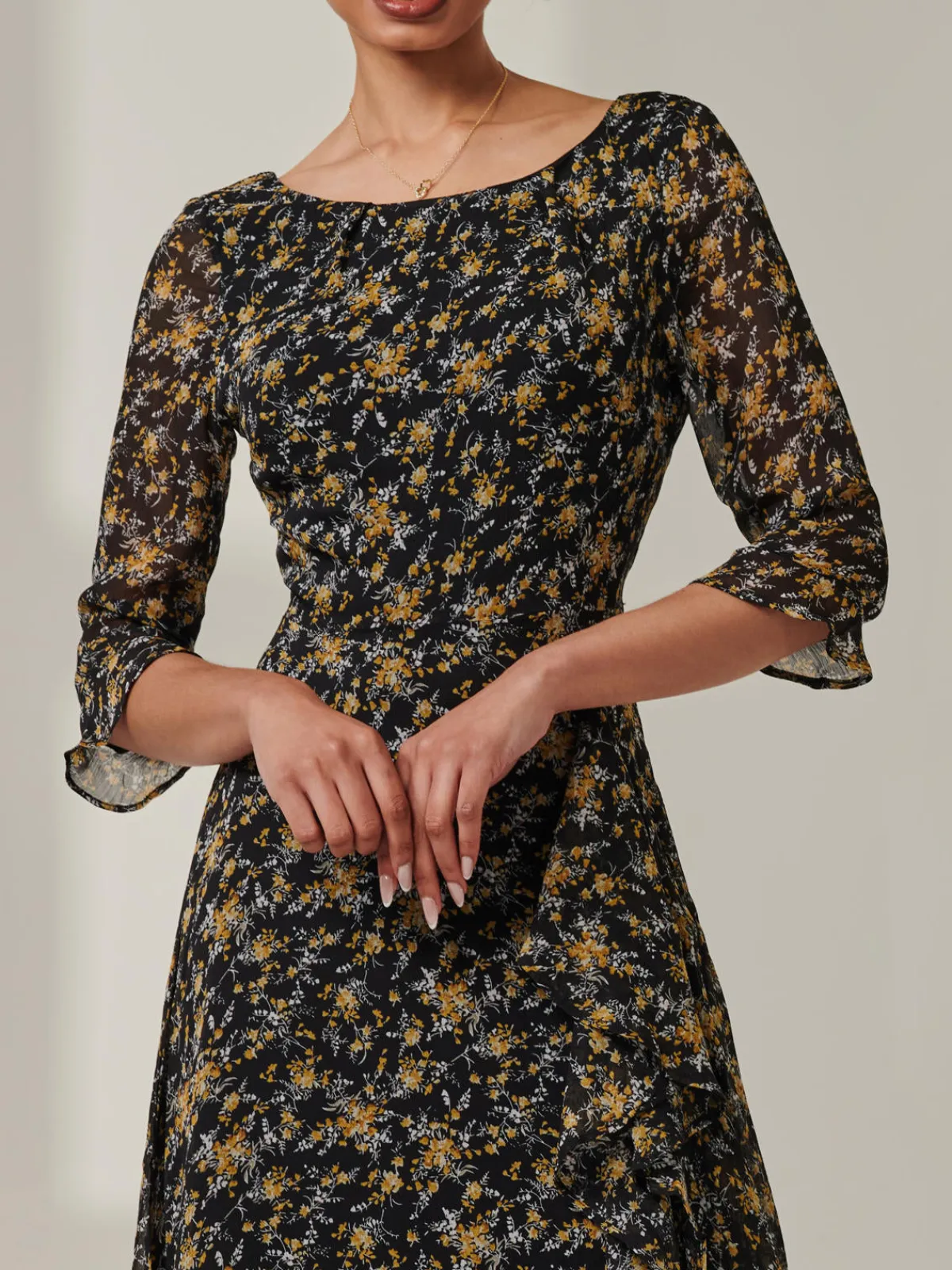 Jolie Moi Occasion Dresses|Midi Dresses-Floral Chiffon Frill Hem Midi dress, Black Multi