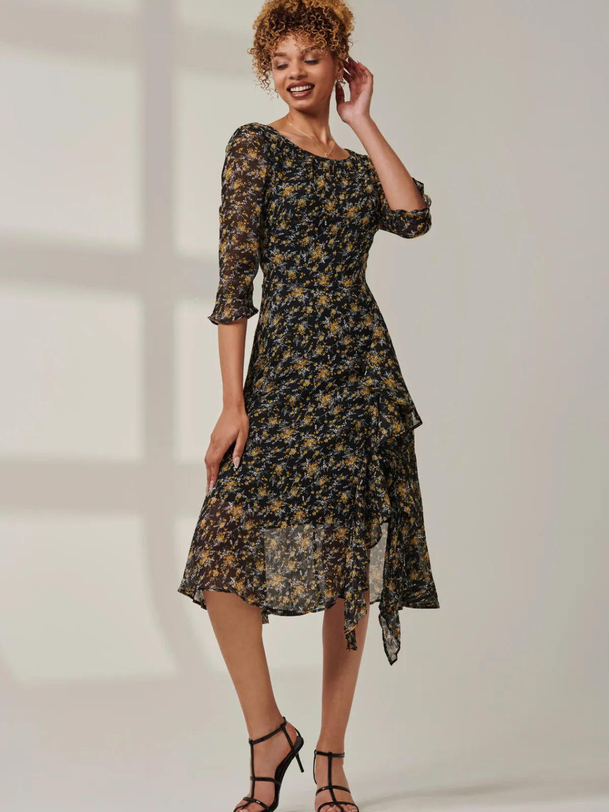 Jolie Moi Occasion Dresses|Midi Dresses-Floral Chiffon Frill Hem Midi dress, Black Multi