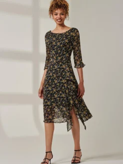 Jolie Moi Occasion Dresses|Midi Dresses-Floral Chiffon Frill Hem Midi dress, Black Multi
