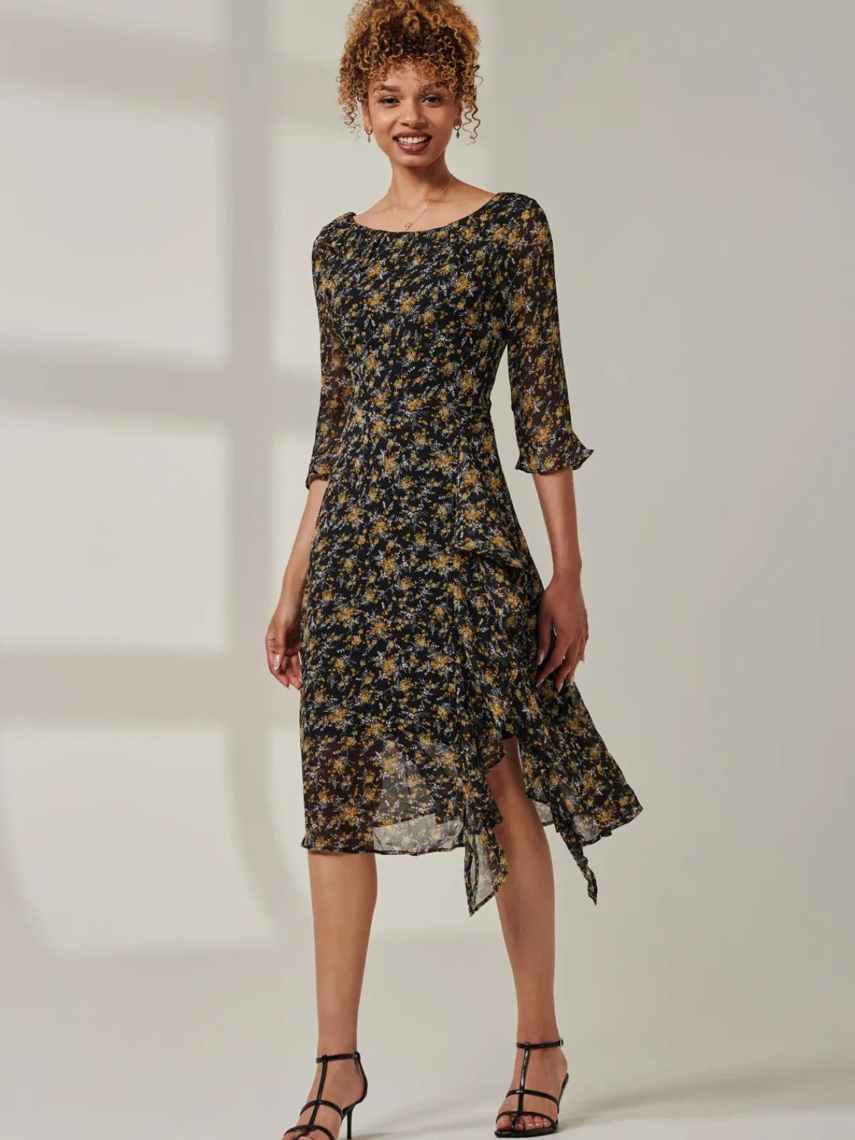 Jolie Moi Occasion Dresses|Midi Dresses-Floral Chiffon Frill Hem Midi dress, Black Multi