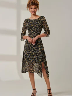 Jolie Moi Occasion Dresses|Midi Dresses-Floral Chiffon Frill Hem Midi dress, Black Multi