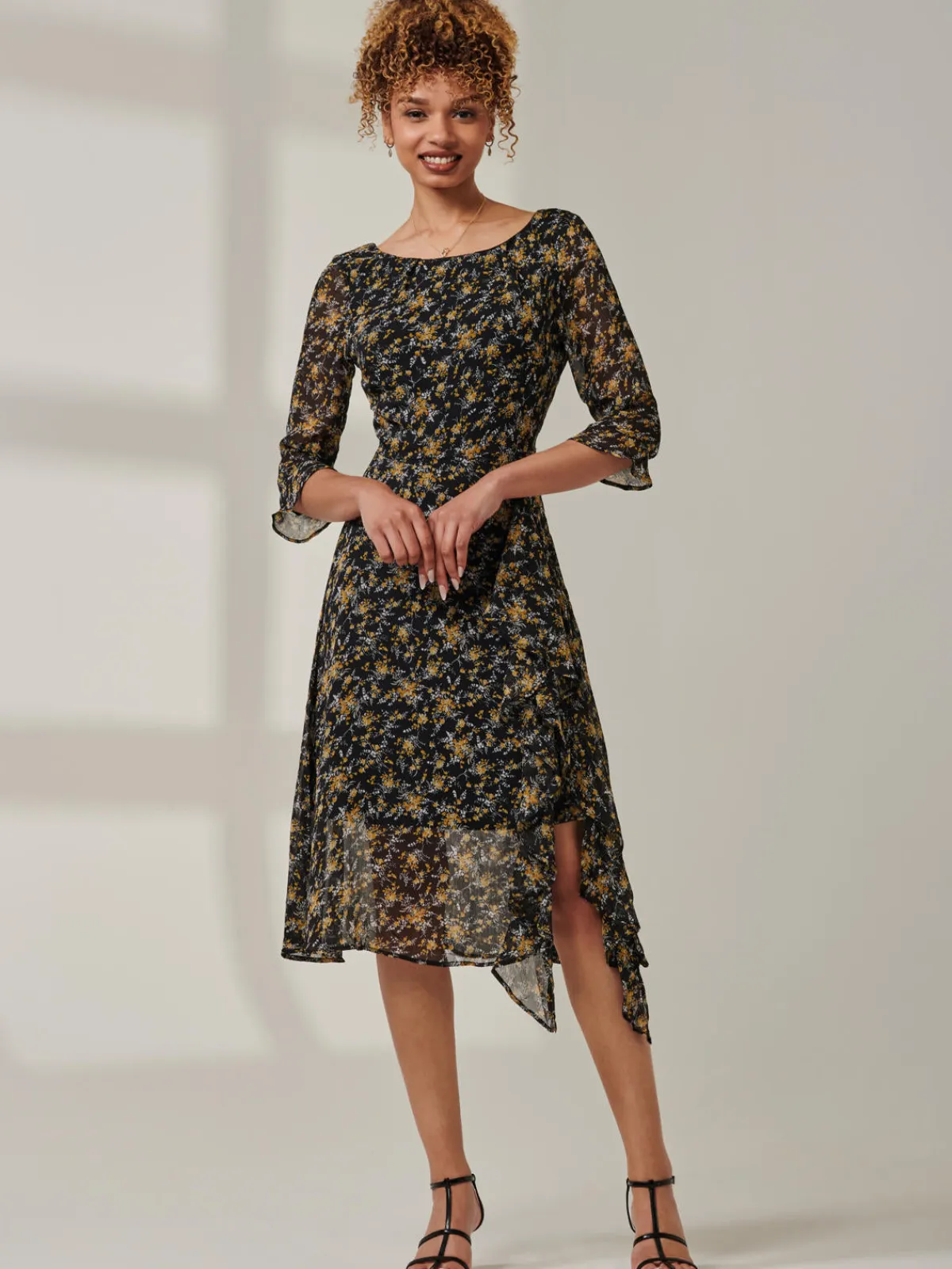 Jolie Moi Occasion Dresses|Midi Dresses-Floral Chiffon Frill Hem Midi dress, Black Multi