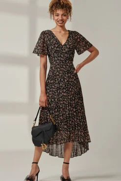Jolie Moi Occasion Dresses|Floral Dresses-Floral Chiffon V Neck Midaxi Dress, Black Ditsy