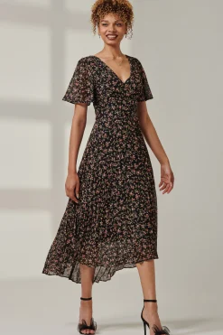 Jolie Moi Occasion Dresses|Floral Dresses-Floral Chiffon V Neck Midaxi Dress, Black Ditsy