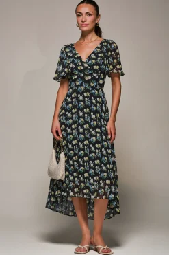 Jolie Moi Occasion Dresses|Floral Dresses- Floral Chiffon V Neck Midaxi Dress Black Floral