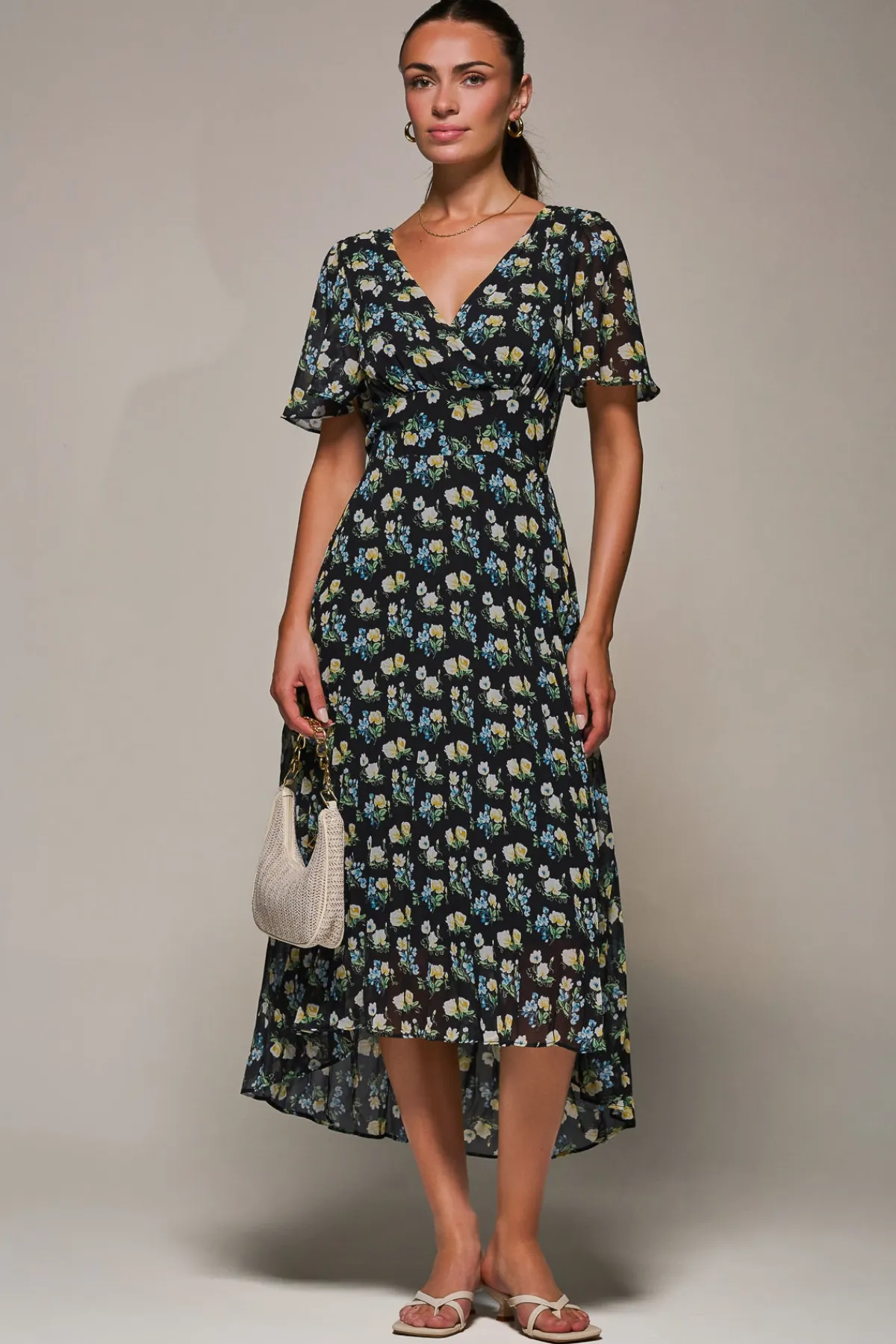 Jolie Moi Occasion Dresses|Floral Dresses- Floral Chiffon V Neck Midaxi Dress Black Floral