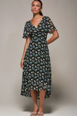 Jolie Moi Occasion Dresses|Floral Dresses- Floral Chiffon V Neck Midaxi Dress Black Floral
