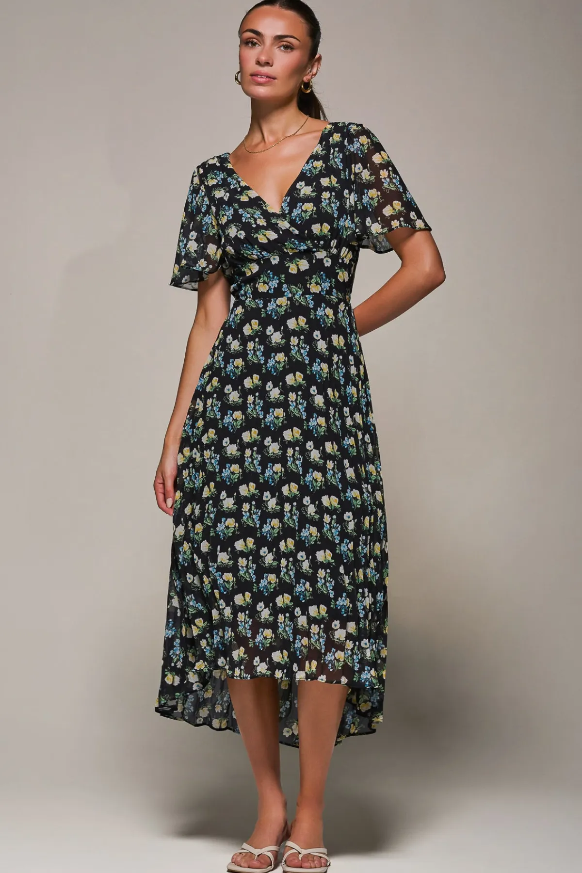 Jolie Moi Occasion Dresses|Floral Dresses- Floral Chiffon V Neck Midaxi Dress Black Floral