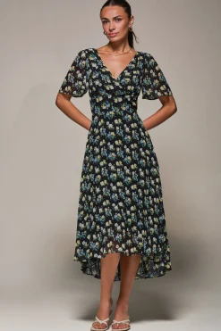 Jolie Moi Occasion Dresses|Floral Dresses- Floral Chiffon V Neck Midaxi Dress Black Floral
