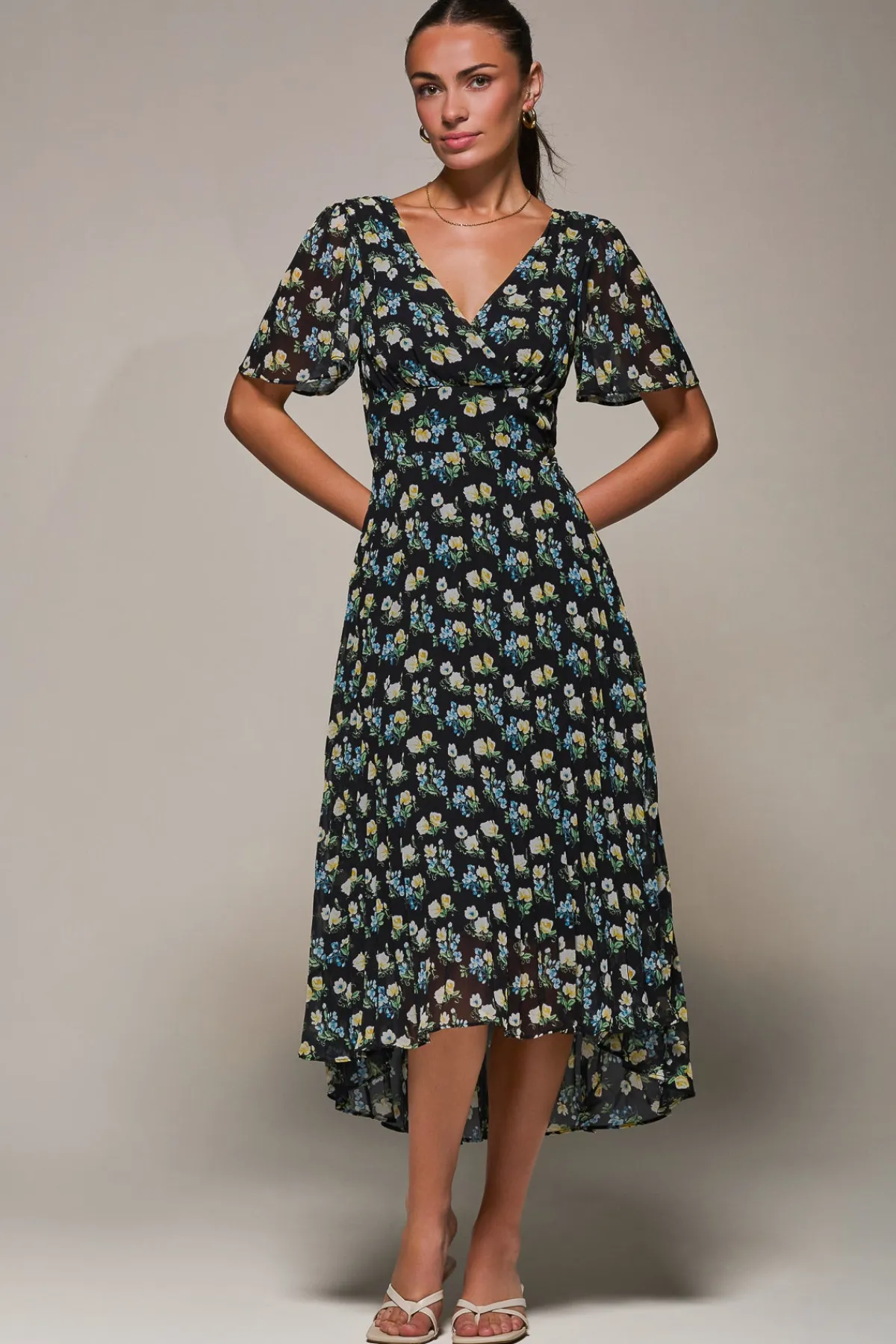 Jolie Moi Occasion Dresses|Floral Dresses- Floral Chiffon V Neck Midaxi Dress Black Floral