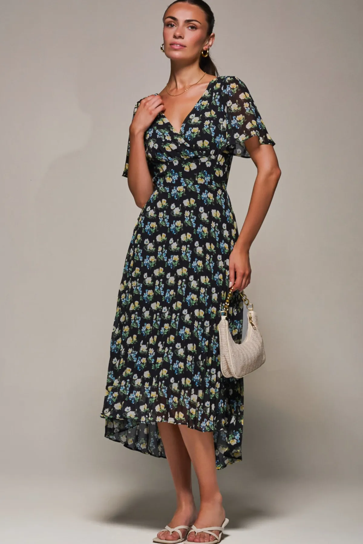 Jolie Moi Occasion Dresses|Floral Dresses- Floral Chiffon V Neck Midaxi Dress Black Floral