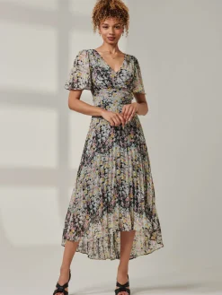 Jolie Moi Occasion Dresses|Floral Dresses- Floral Chiffon V Neck Midaxi Dress Black Multi