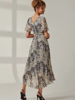Jolie Moi Occasion Dresses|Floral Dresses- Floral Chiffon V Neck Midaxi Dress Black Multi