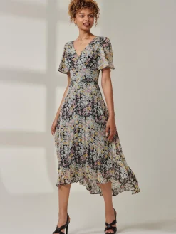 Jolie Moi Occasion Dresses|Floral Dresses- Floral Chiffon V Neck Midaxi Dress Black Multi