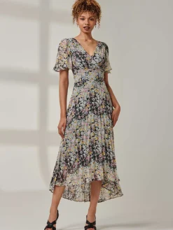 Jolie Moi Occasion Dresses|Floral Dresses- Floral Chiffon V Neck Midaxi Dress Black Multi