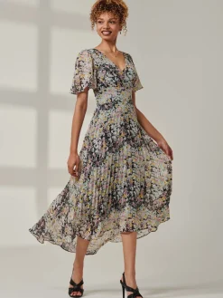 Jolie Moi Occasion Dresses|Floral Dresses- Floral Chiffon V Neck Midaxi Dress Black Multi
