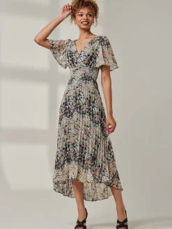 Jolie Moi Occasion Dresses|Floral Dresses- Floral Chiffon V Neck Midaxi Dress Black Multi