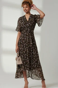 Jolie Moi Occasion Dresses|Floral Dresses-Floral Front Tie Midi Dress, Black Floral