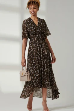 Jolie Moi Occasion Dresses|Floral Dresses-Floral Front Tie Midi Dress, Black Floral