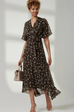 Jolie Moi Occasion Dresses|Floral Dresses-Floral Front Tie Midi Dress, Black Floral