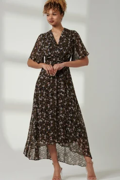 Jolie Moi Occasion Dresses|Floral Dresses-Floral Front Tie Midi Dress, Black Floral