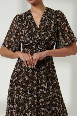 Jolie Moi Occasion Dresses|Floral Dresses-Floral Front Tie Midi Dress, Black Floral