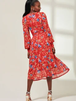Jolie Moi Occasion Dresses|Mesh Dresses-Floral Long Sleeve Mesh Midi Dress, Red Floral