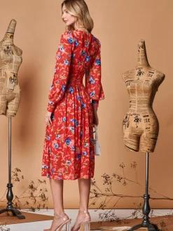 Jolie Moi Occasion Dresses|Mesh Dresses-Floral Long Sleeve Mesh Midi Dress, Red Floral